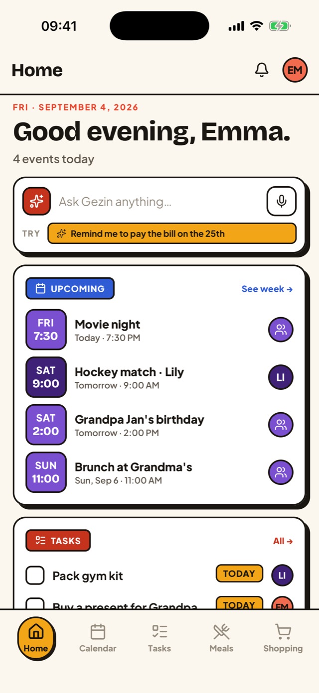 Gezin home screen