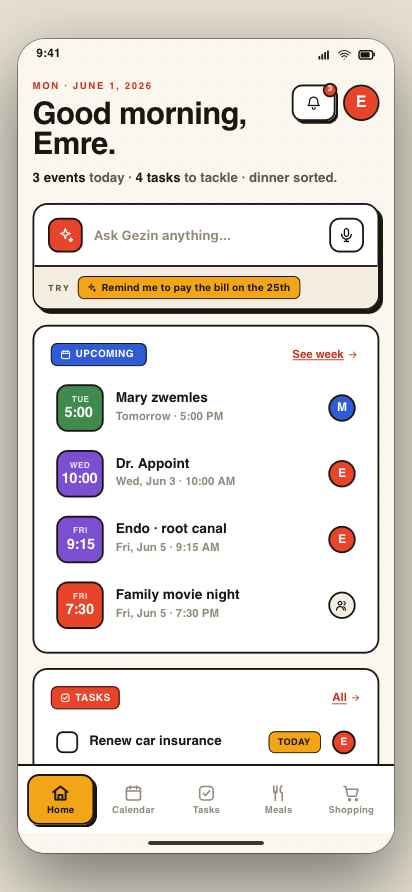 The Gezin app home screen showing the family's day at a glance
